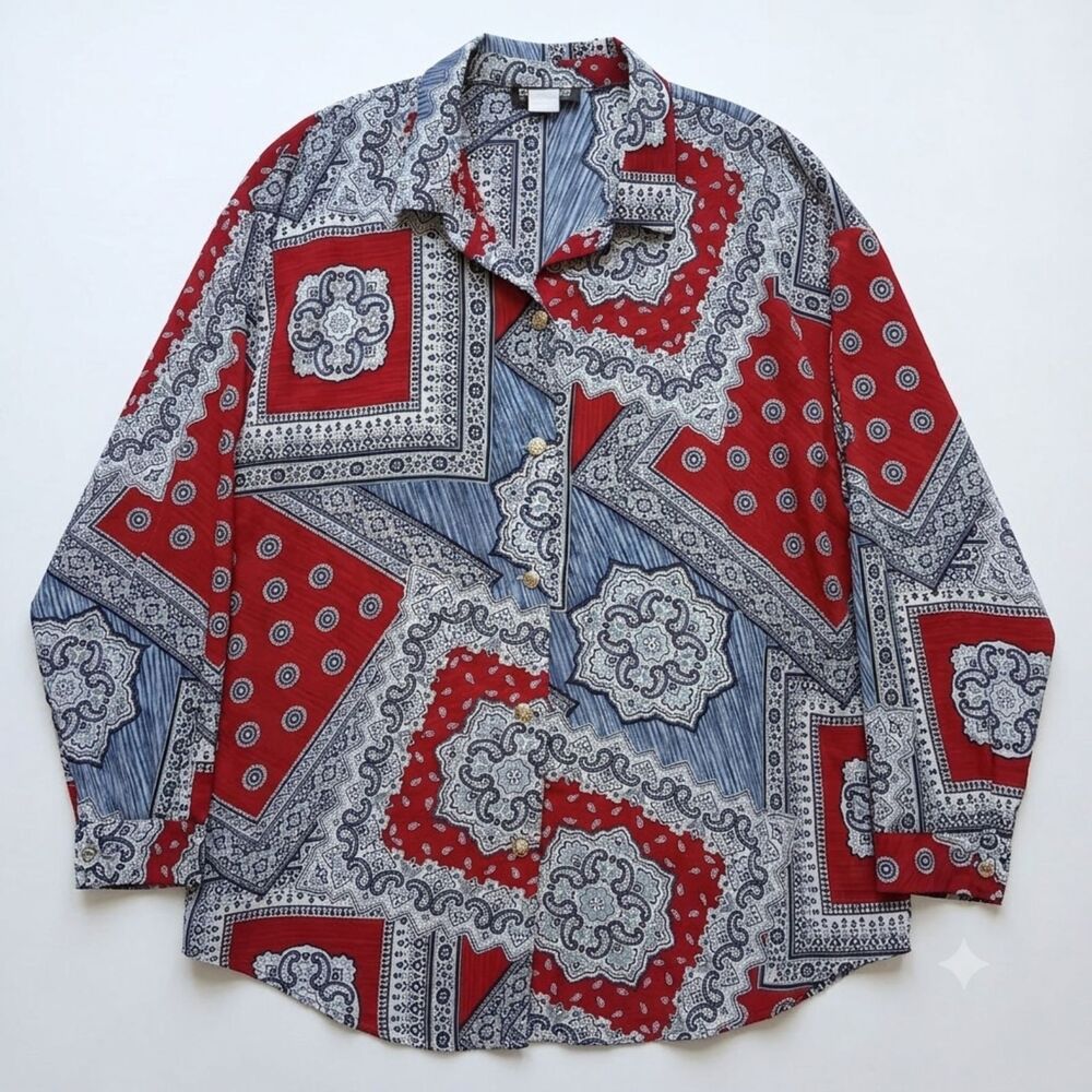 Vintage Susan Graver Button Up Blouse 2XL Red Blue Paisley Patriotic 4th of July